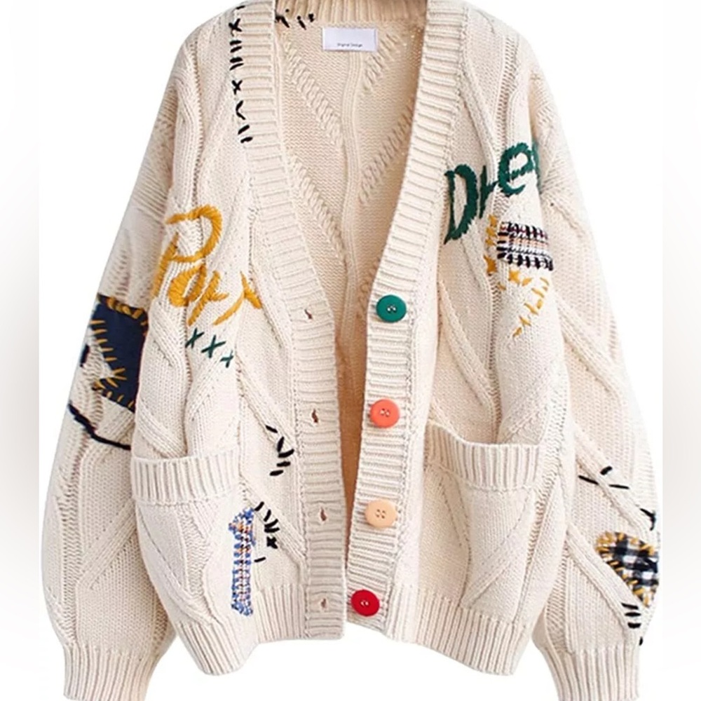 Women's Cable Knit Long Sleeve Open Front Cardigan Sheep V-Neck Button Down Embr